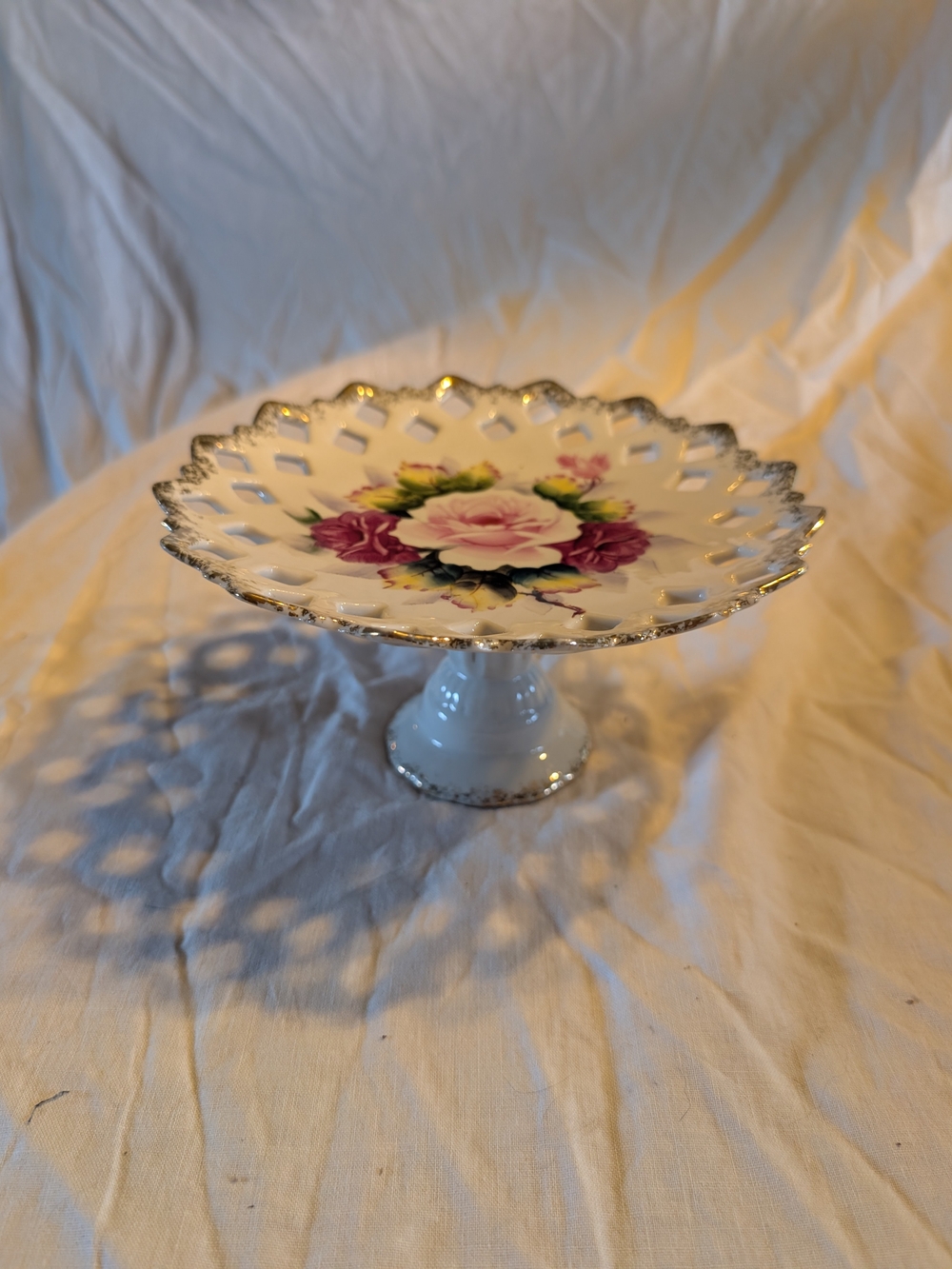 2/40$ Vintage White Porcelain Pedestal Dish with Pink and Purple Rose Motif